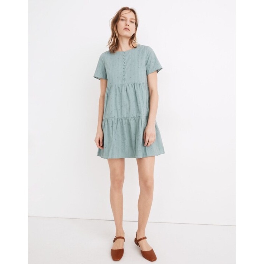 Madewell Embroidered Eyelet Button-Front Tiered Mini Dress Sage Green Size M